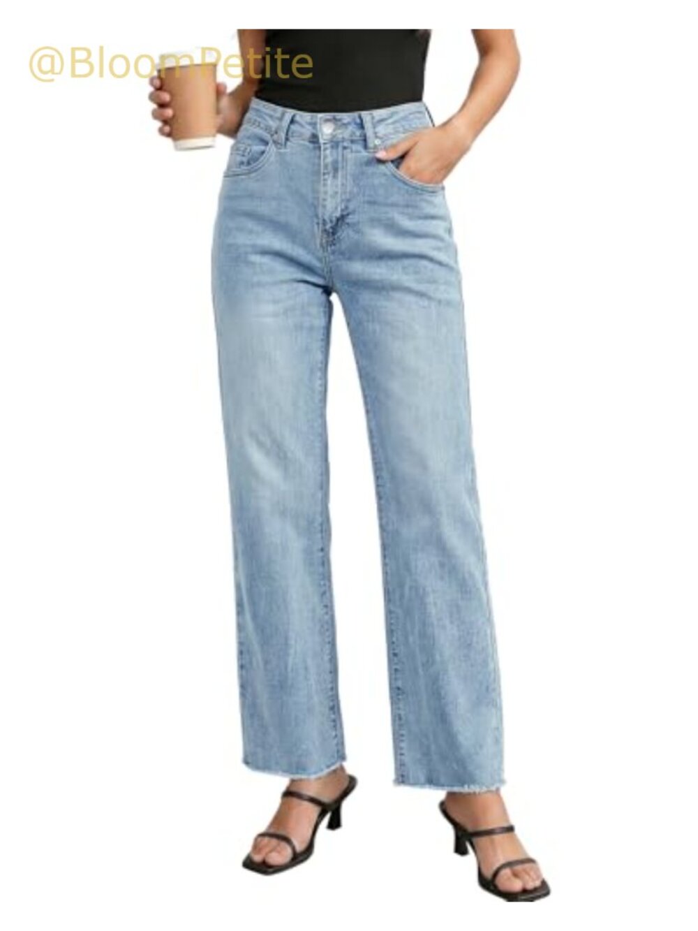 High Waisted Straight Leg Jeans Frayed Raw Hem Stretchy Denim Pants